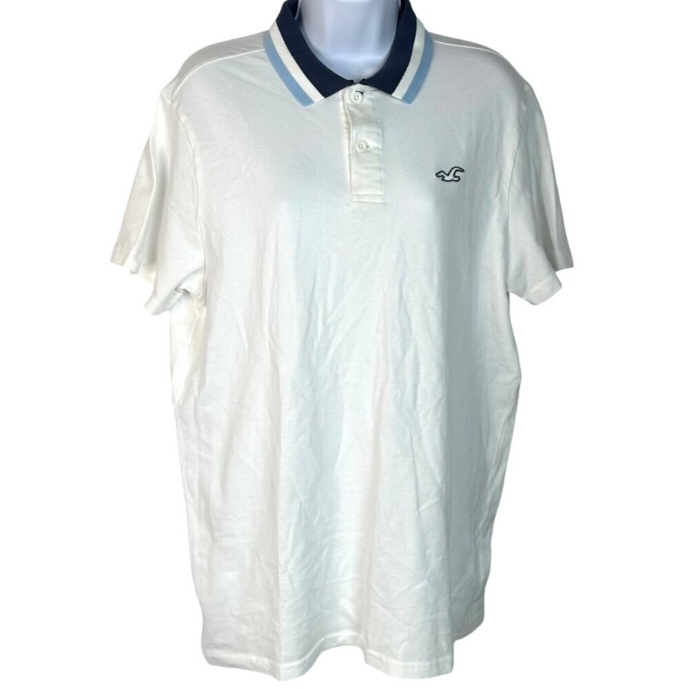 Hollister Advanced Stretch White Short Sleeve Stripe Collar Polo Shirt Men Large